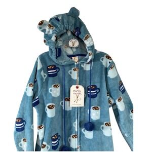 Munki Munki‎ XS Blue Coffee Cup Print Hooded Plush One Piece Pajamas